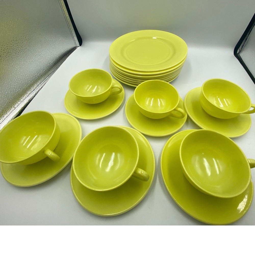 Hazel‎ Atlas Ovide Platonite Neon Yellow Tea Cup + Saucer Set w Plates Set of 6